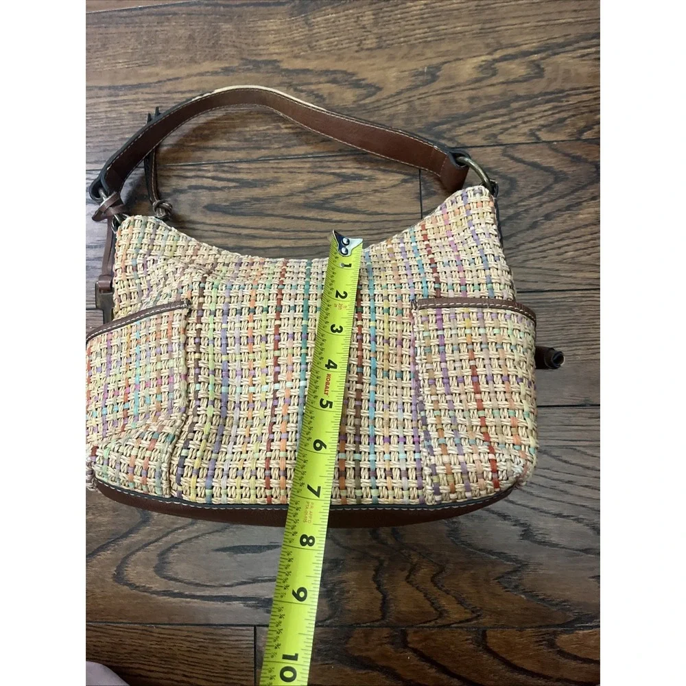 Fossil Straw Woven Hobo Bag Multicolor Leather Trim Summer Boho Purse